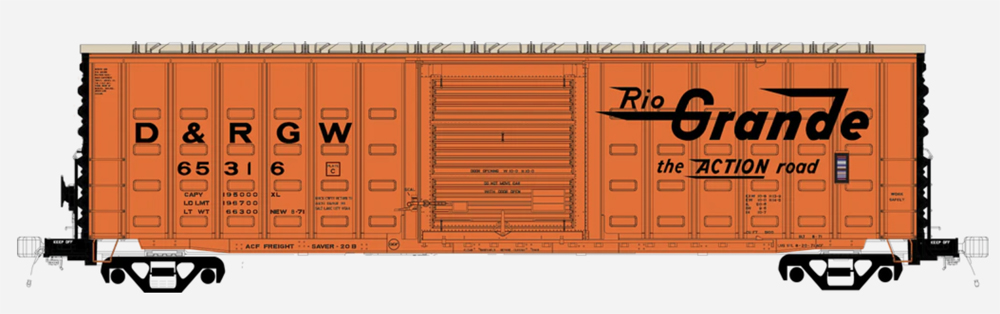 An illustration of a model boxcar painted orange against a white background.