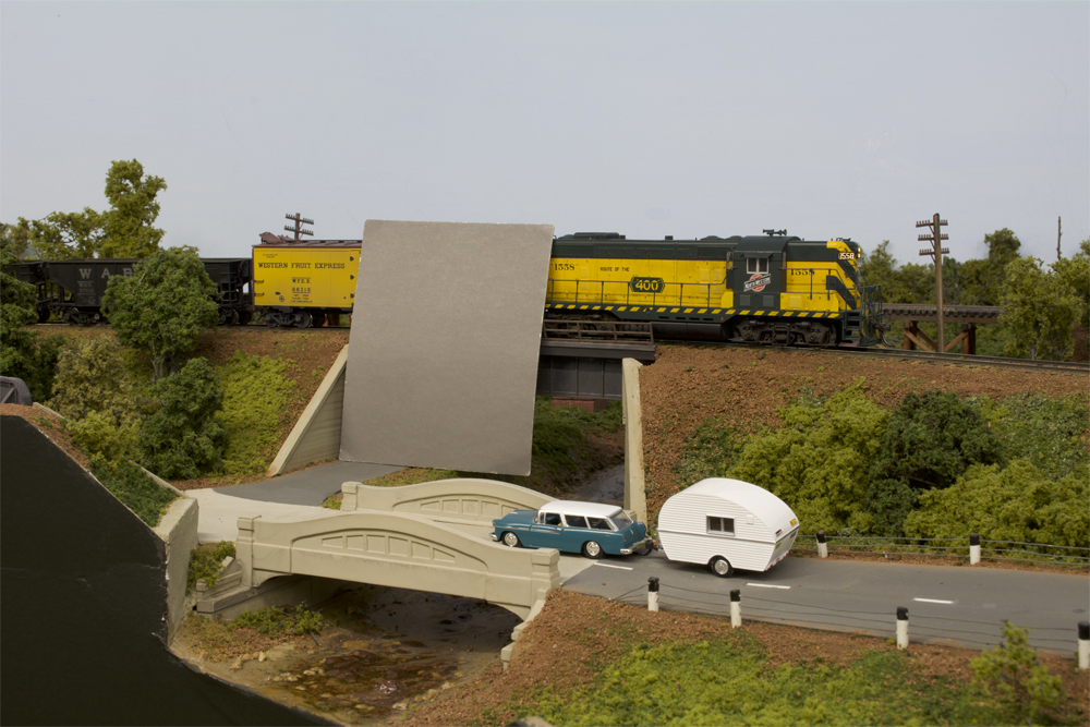 Scene on HO scale layout with gray card in foreground