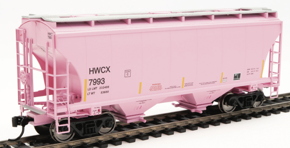 Trinity 3281 hopper: A pink model hopper car is shown against a white background