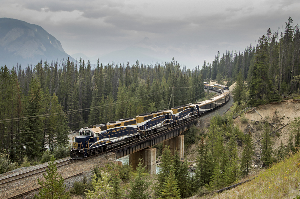 Rocky Mountaineer train going past trees on rail