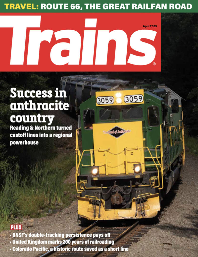 The April 2025 cover of Trains magazine