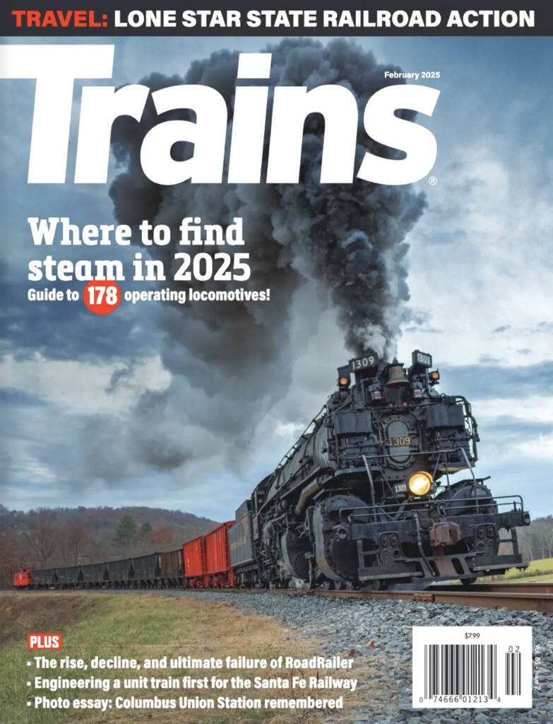 The February 2025 cover of Trains magazine, which features a black steam locomotive leading a train of black and red freight cars