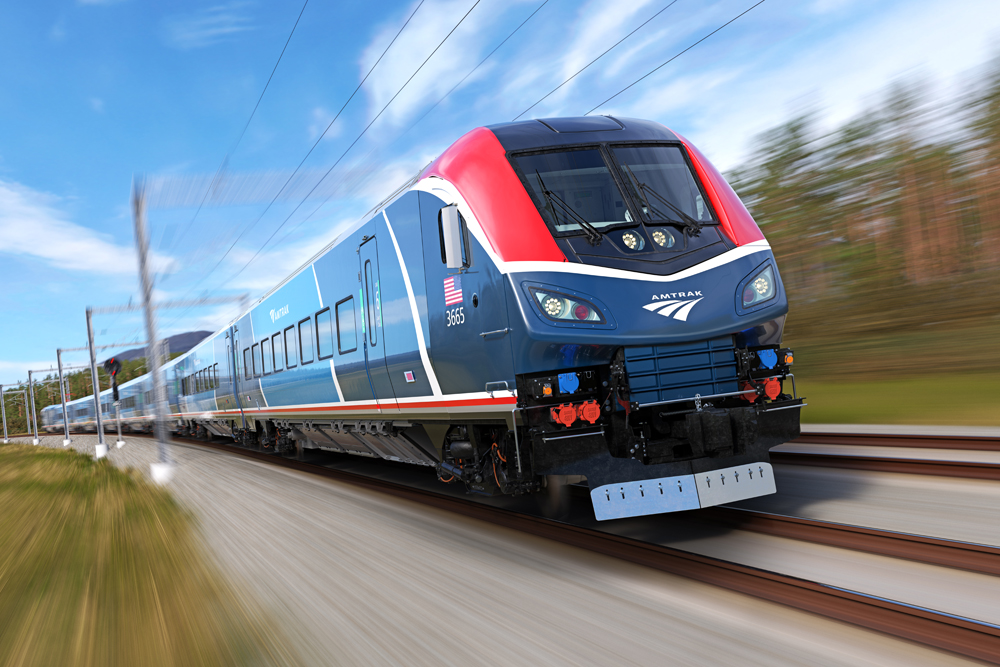 Blue and red cab car leads train into curveint