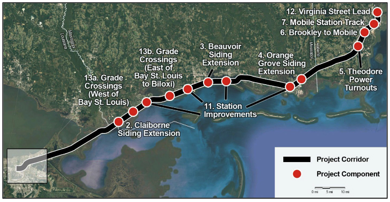 Map showing location of planned infrastruture work on passenger train route in Mississippi and Alabama