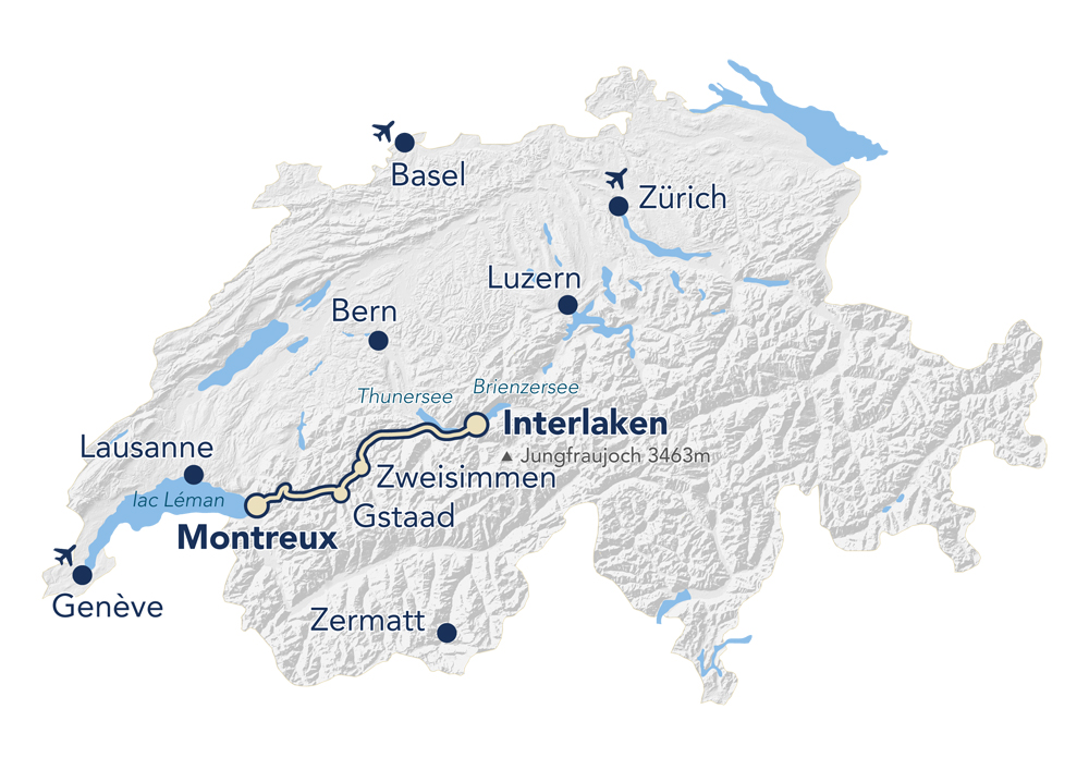 Map of Switzerland showing Montreux-Interlaken route