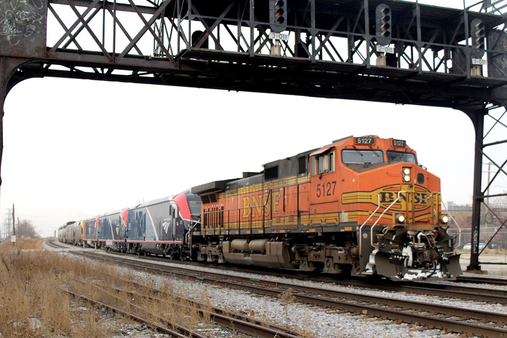 Passenger train with BNSF locomotive leading four other diesels under signal bridge