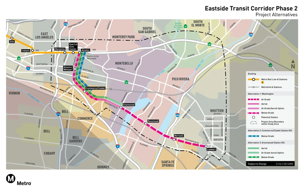 Map showing options for LA Metro light rail project