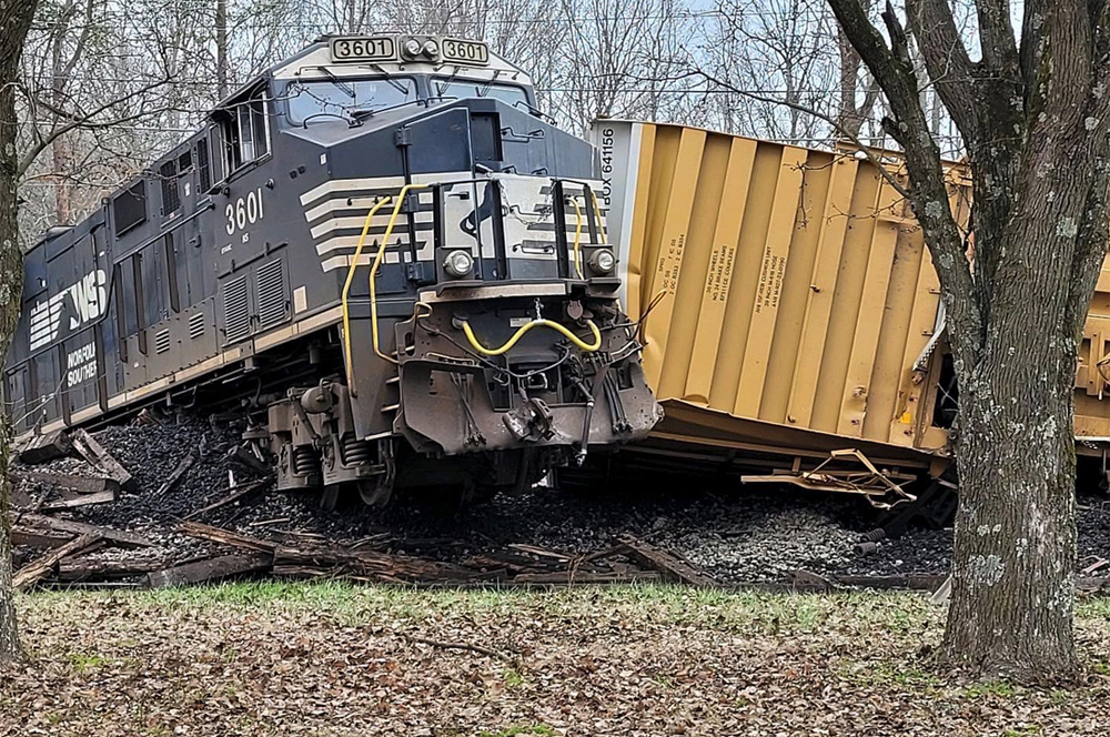 Locomotive with nose in air pushed against freight car