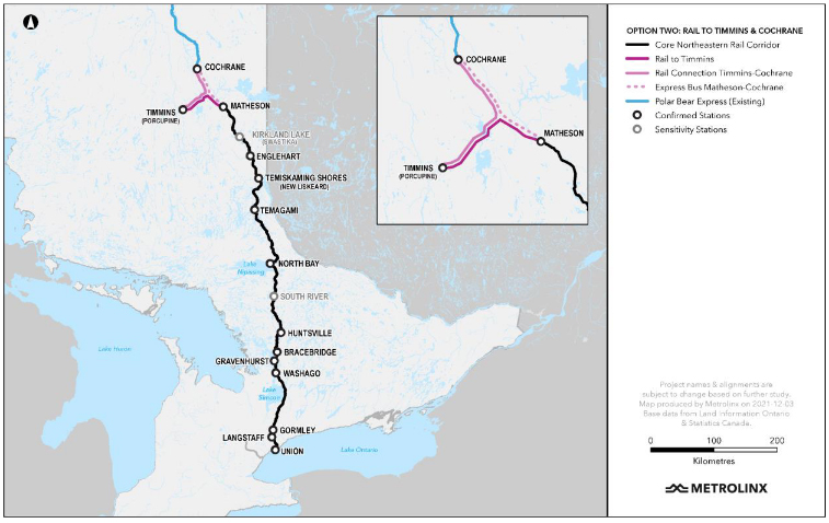 Map of Toronto-Cochrane rail route