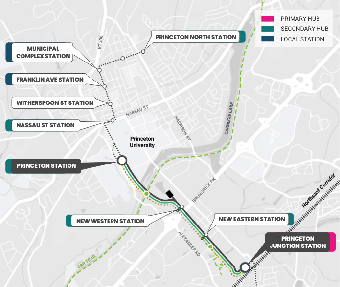 Map showing proposed transit service in Princeton, N.J.