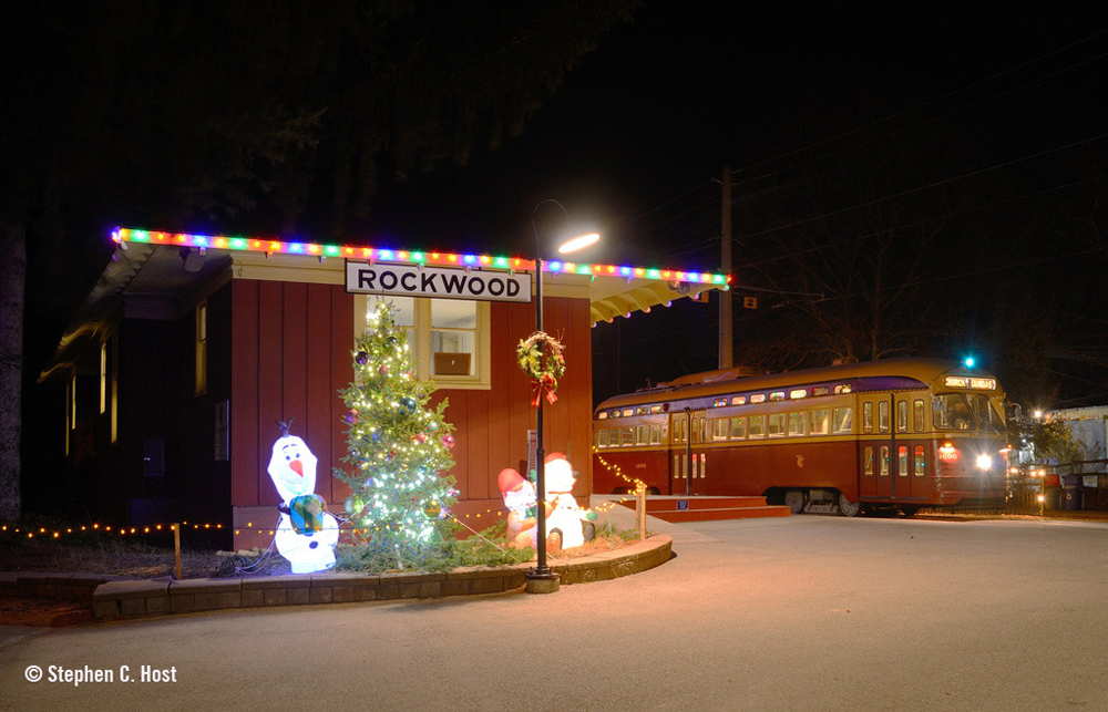 PCC streetcar at station at night