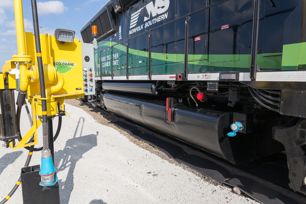 Locomotive parked next to connection for ground-based electrical power