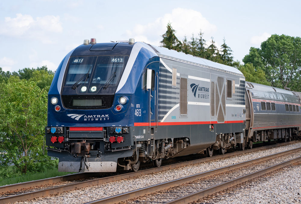 Blue and silver passenger locomotive