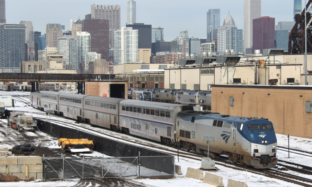 Passenger train with Chicago skyline in background