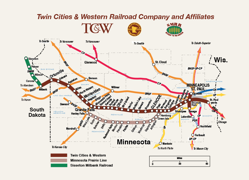 Map of the Twin Cities & Western Railroad and its two related rail lines