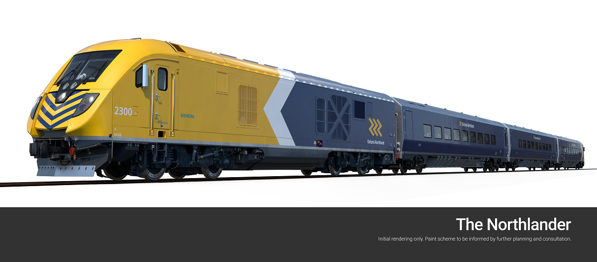 Rendering of new blue and yellow trainset for northern Ontario passenger service
