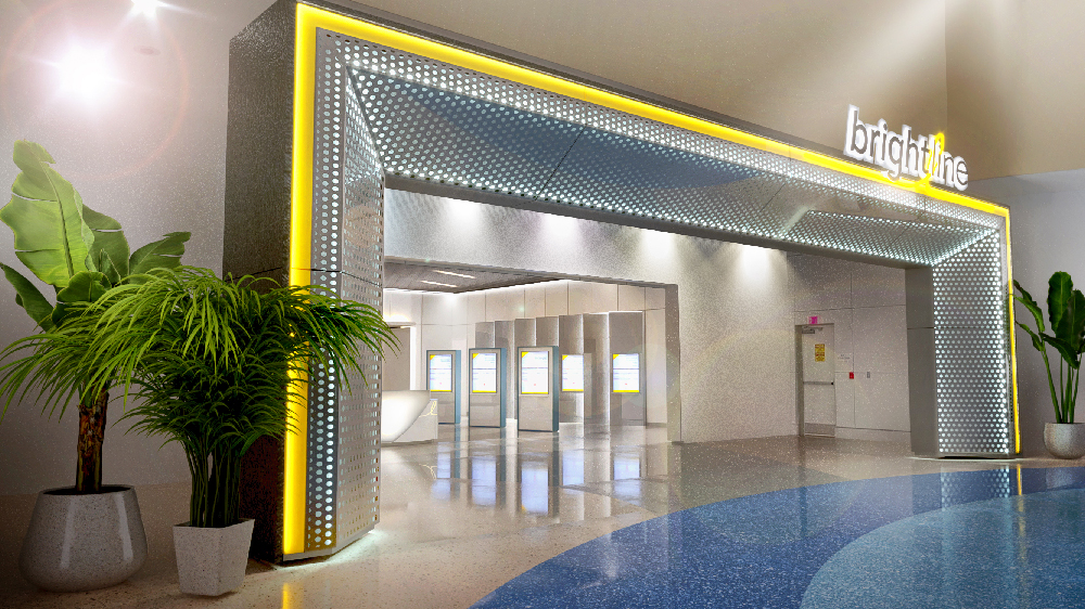 artist's rendering of modern train station entrance