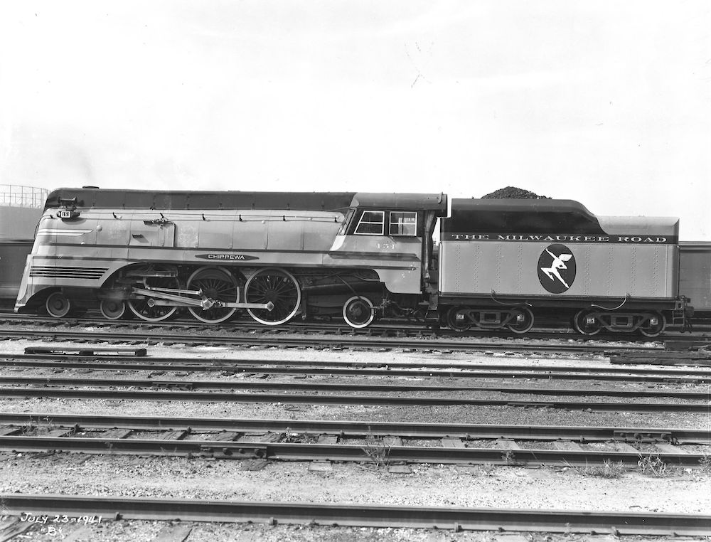 Roster shot of streamlined steam locomotive.