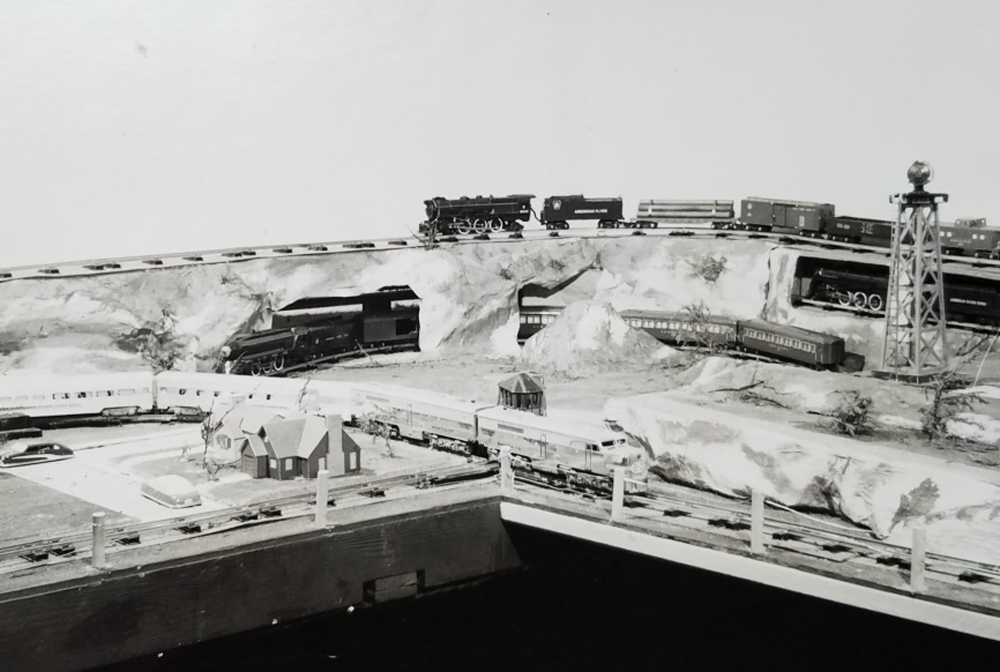 meet James Kottkamp: black and white photo of vintage American Flyer toy train layout