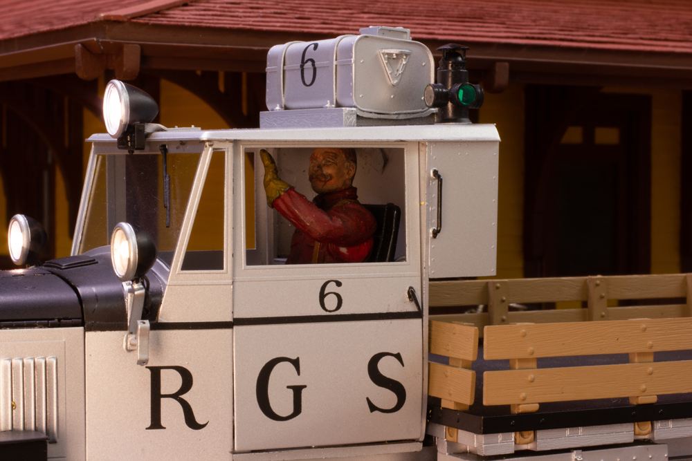 close up of white railcar model