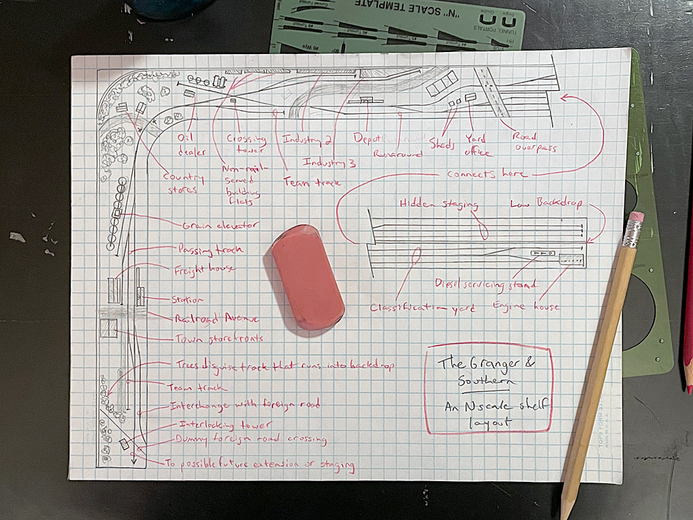 A sketch of an L shaped N scale shelf layout on graph paper