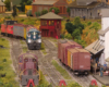 Layout scene with locomotive coming toward you