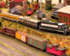 Two trains passing each other on model train layout