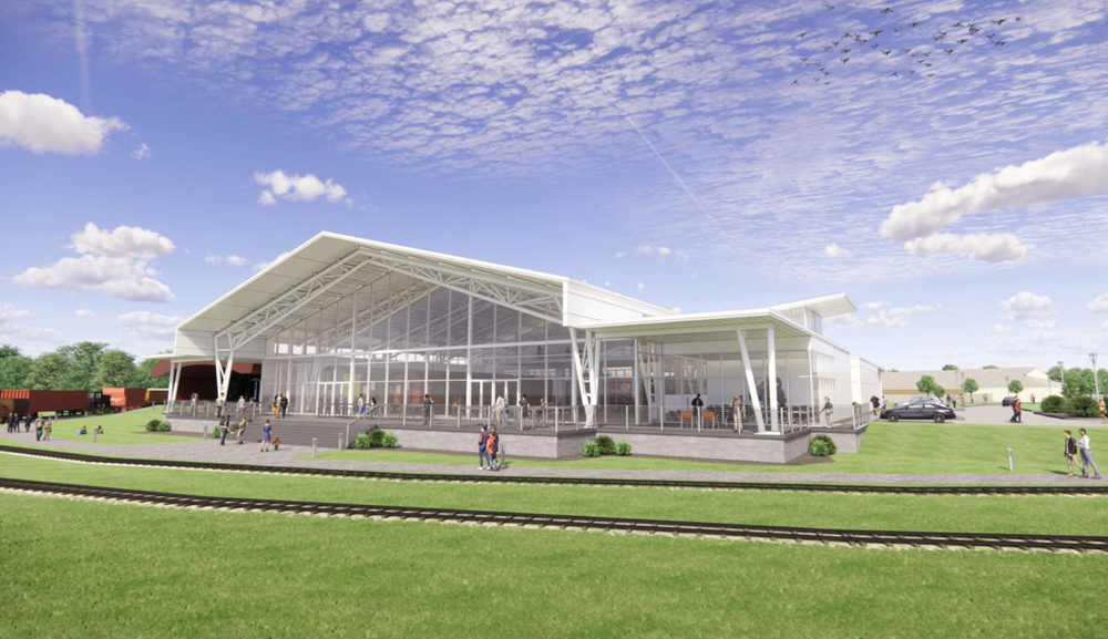 Architect's drawing of a new railroad museum exhibit building.