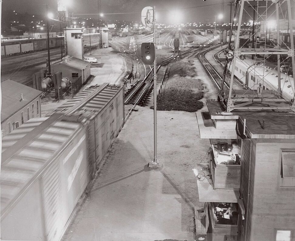 Railroad cars being sorted at night