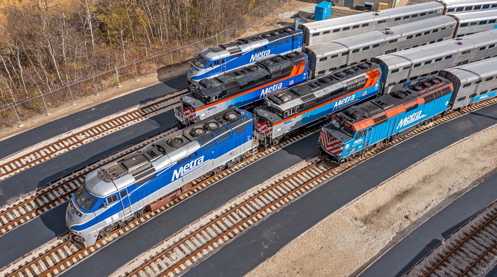 five colorful Metra engines