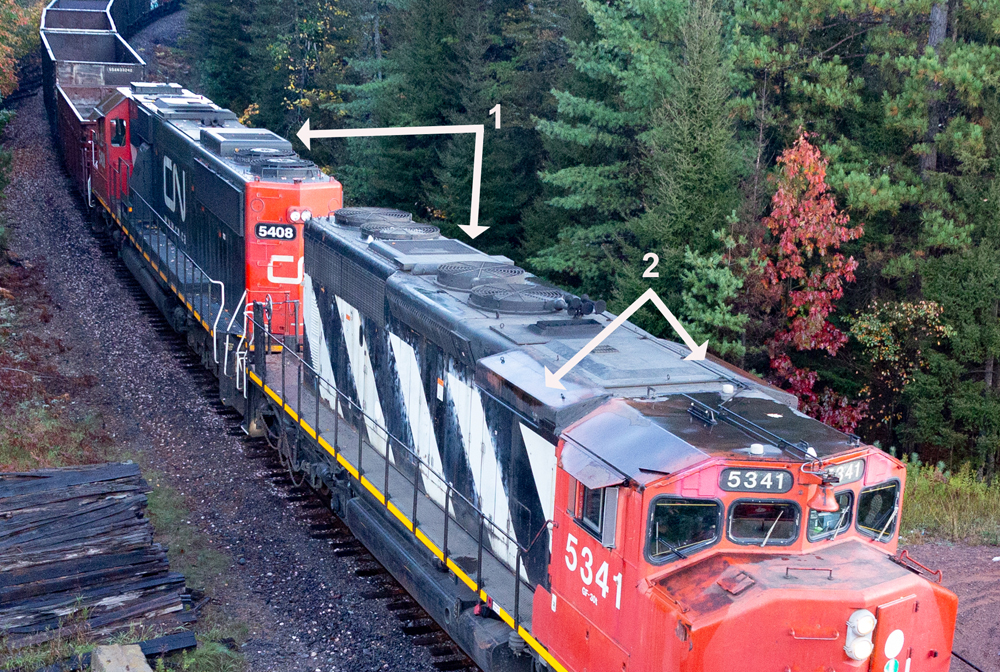diesel locomotive with arrows pointing to parts