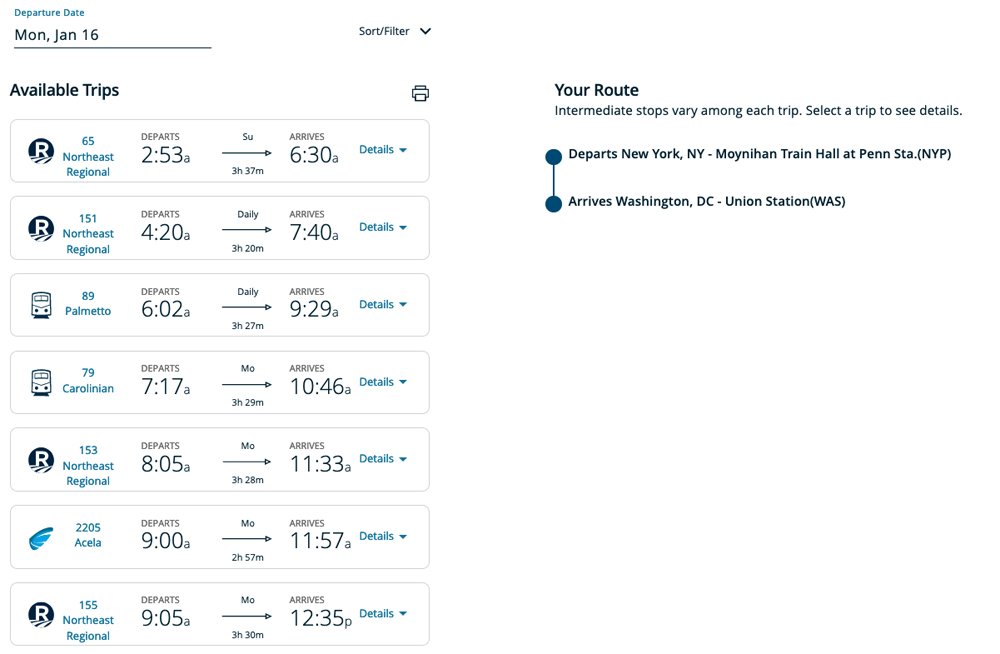 Screenshot of a portion of an Amtrak online schedule for New York-Washington service