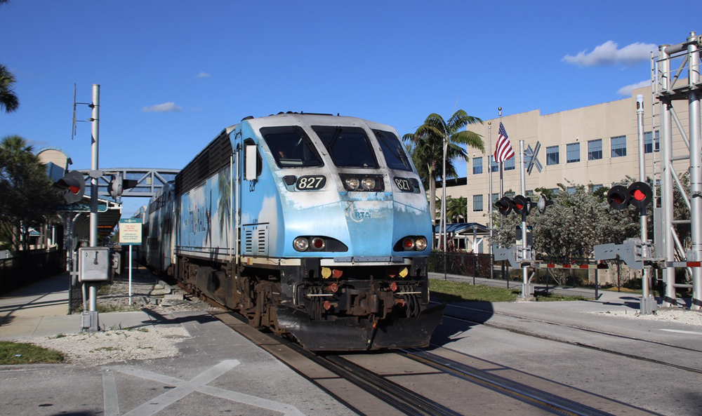 Light blue locomotive with images of clouds and palm trees on its side at grade crossing