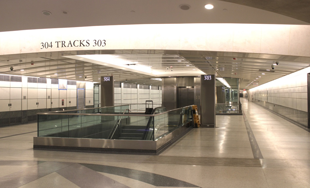 Interior of not-yet-completed commuter rail station in New York