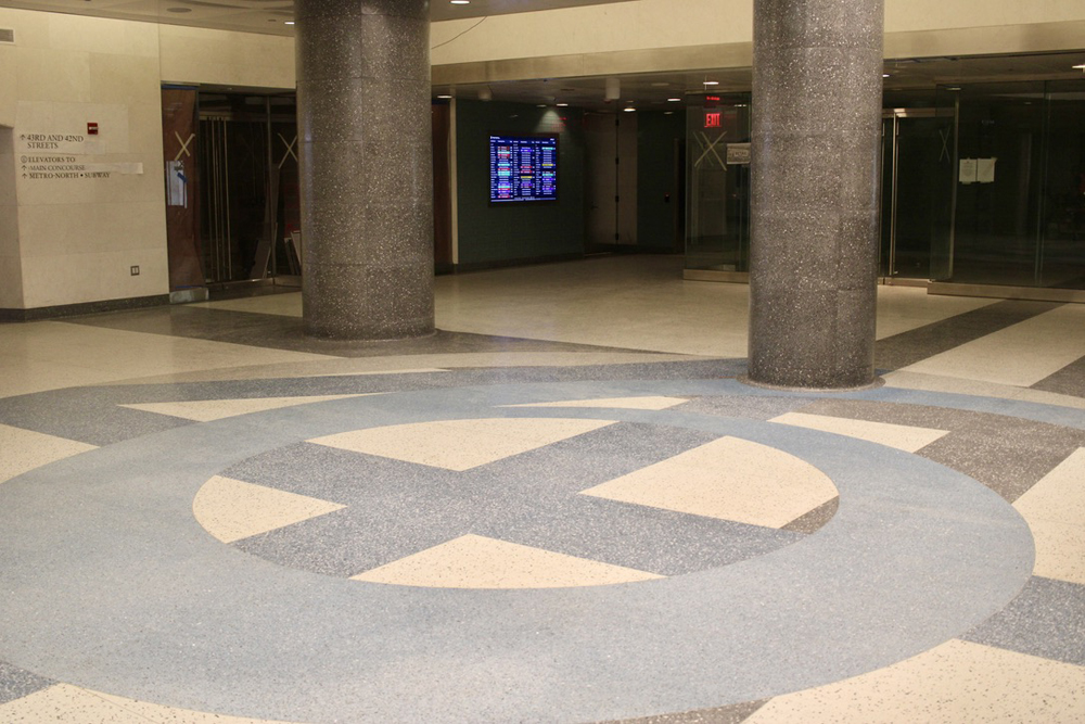 View of floor with large "46" inlaid