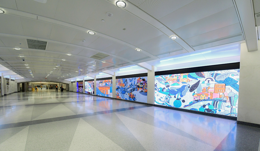 View of concourse and artwork in station