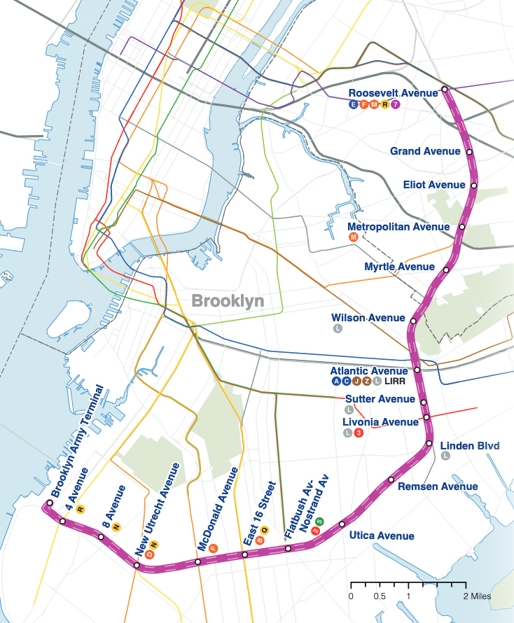 Map of Brooklyn-Queens transit line