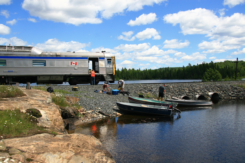 RDC car stopped next to lake