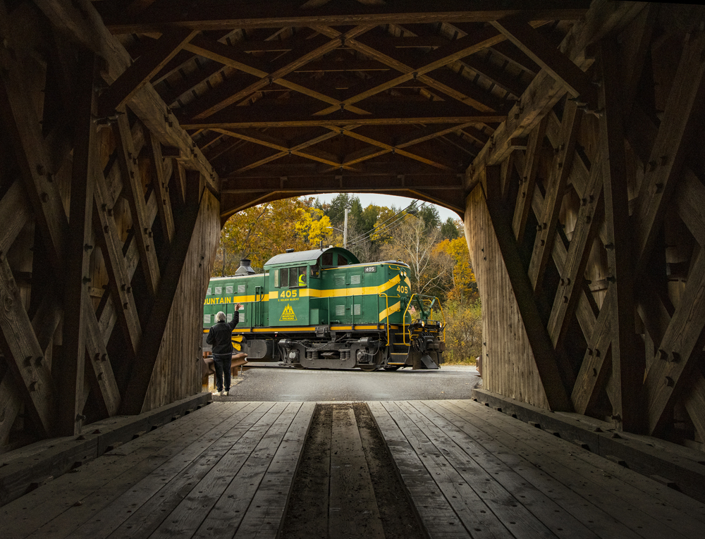 green train passing end of covered bridge