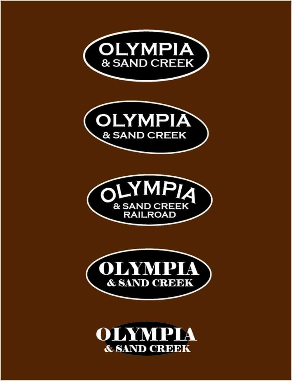 Car Swap Project Part 4: Railroad herald design class: A series of 5 black ovals on a brown background with white lettering for a railroad name.