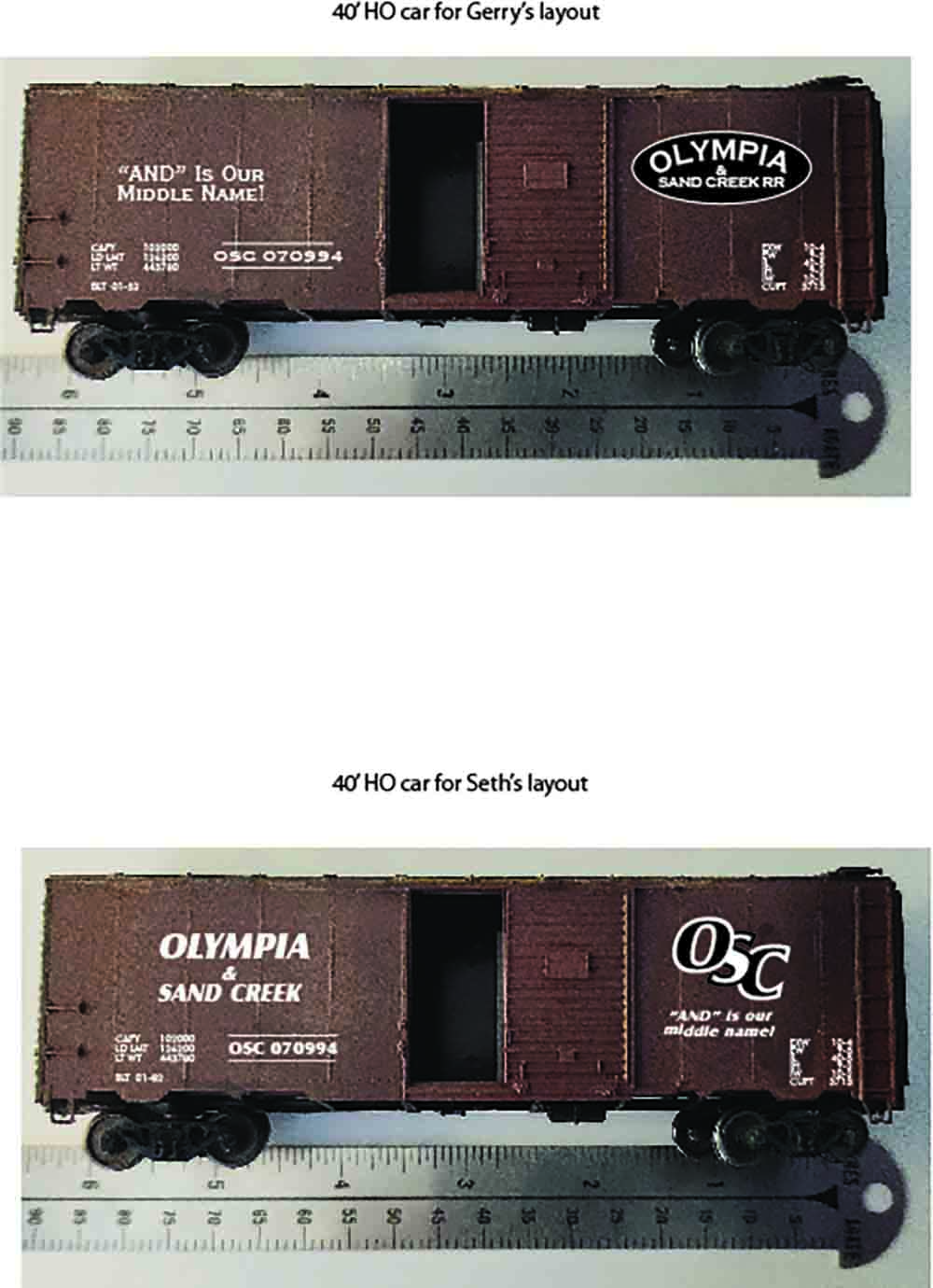 Brown model boxcars with black and white lettering stacked for comparison.