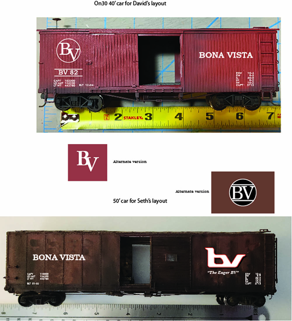 Two brown plastic model boxcars with white lettering as seen from the side and stacked for comparison