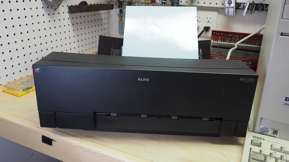 Car Swap project part 5: Printing decals with an ALPS printer: Large, black, rectangular printer with a white sheet of paper on top.