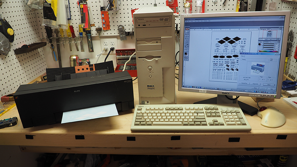 Car Swap project part 5: Printing decals with an ALPS printer: Black printer and tan computer, featuring a tower, keyboard, mouse, and display screen