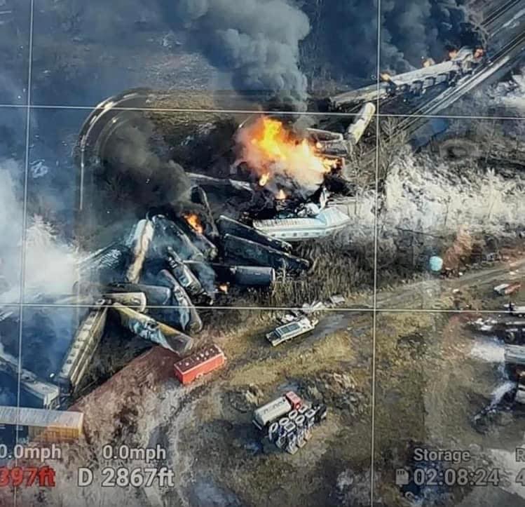 Aerial view of burning freight cars
