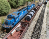 two blue model trains with cars on a garden railroad