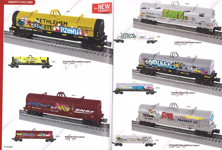 Graffiti on O gauge trains coil car in Lionel catalog