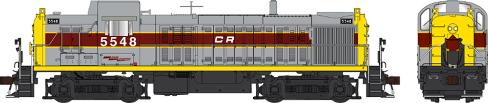 Model of gray, maroon, and yellow diesel locomotive