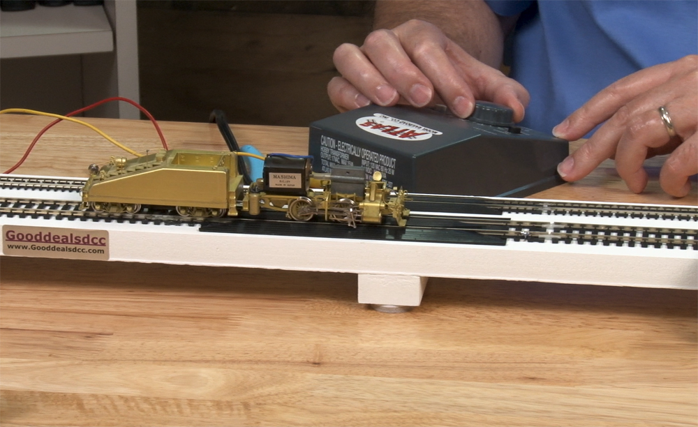 An image of a model locomotive being tested