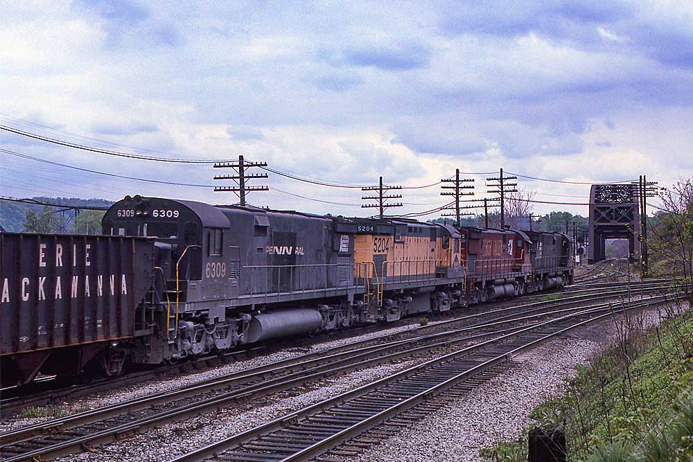 Locomotives wearing black, yellow, and red move away from camera